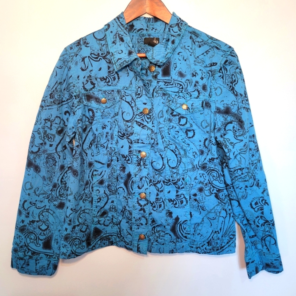 Erika Blue Jean Jacket With Black Designs Faux Front Button Pockets Womens SizeM